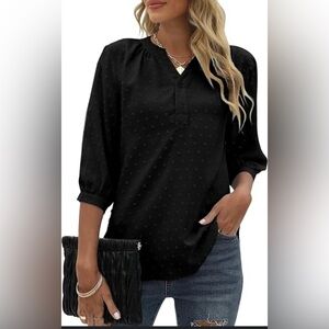 Women’s Bequemer Laden Summer V-Neck 3/4 Sleeve Blouse Swiss Dot Tunic Top